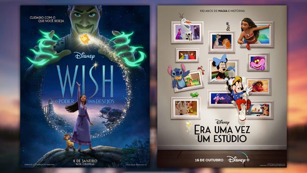 Montagem com pôsteres do filme Wish e do curta Era uma vez um Estúdio que celebram os 100 anos da Disney