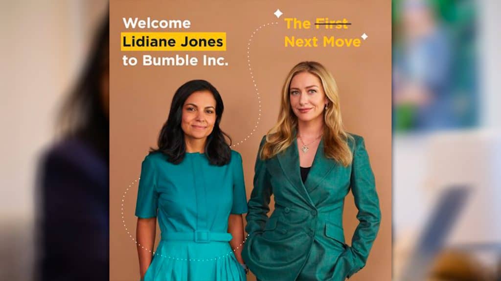 Montagem com Lidiane Jones, nova CEO da Bumble, e Whitney Wolfe Herd, fundadora da empresa